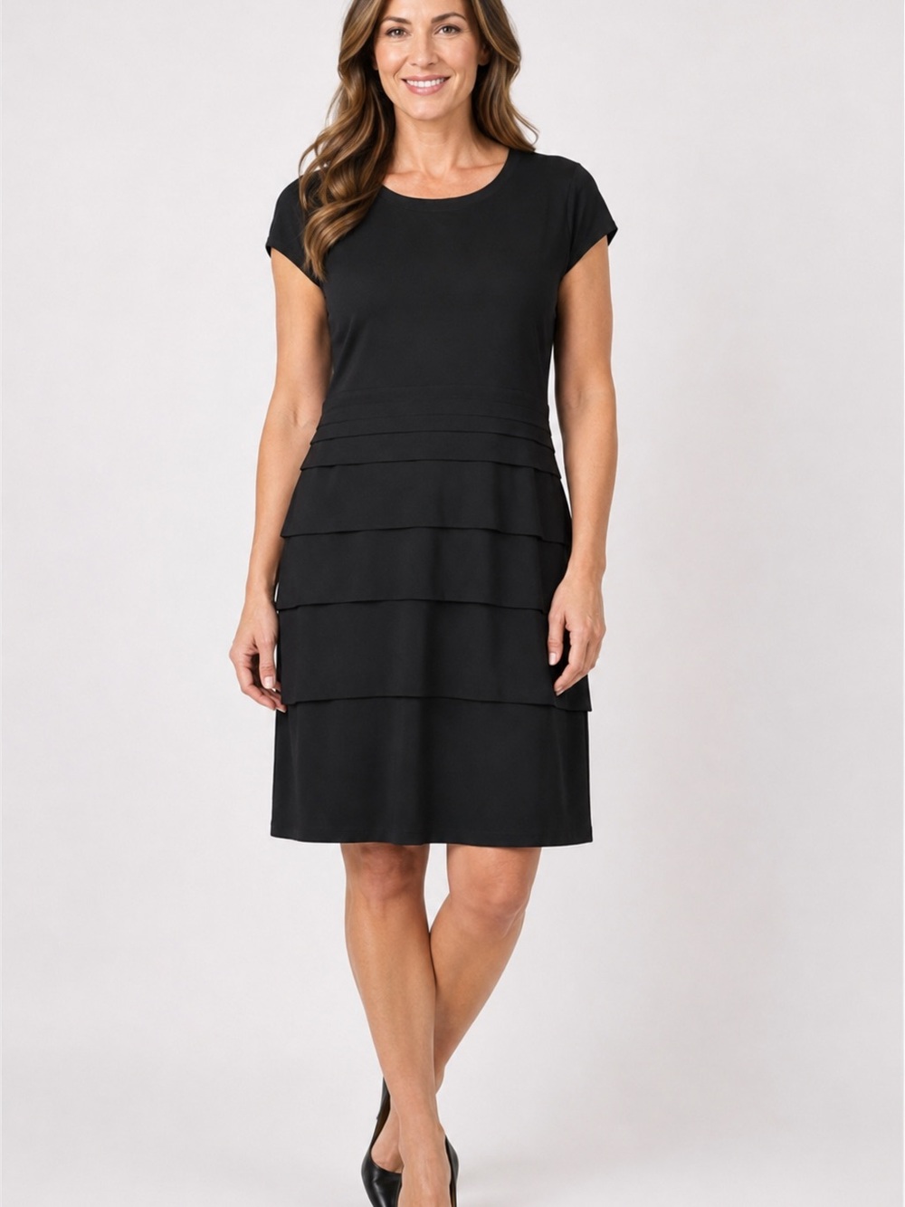 Joseph Ribkoff LBD Black Cap Sleeve Tiered Skirt   Knee Length Dress Size 16